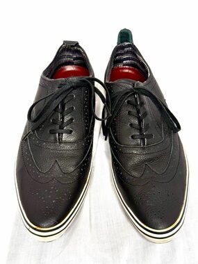 Men's Black Leather Wingtip Derbys with Contrast Sole. Size 10